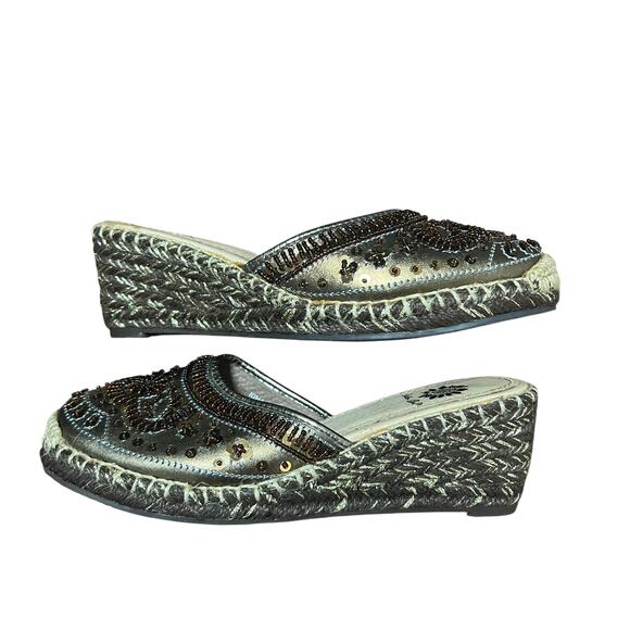 Yellow Box Brown Beaded Espadrille Wedges Size 6.5 - Picture 7 of 7